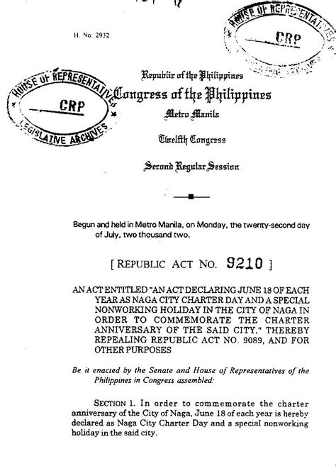 naga city charter anniversary|Republic Act No. 9210.